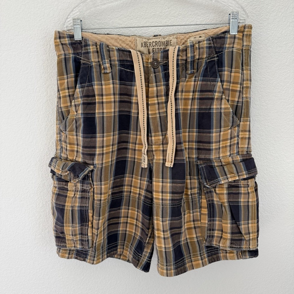 Vtg Abercrombie Fitch Mens Plaid Cargo Shorts 34 Yellow Blue Y2K Prep